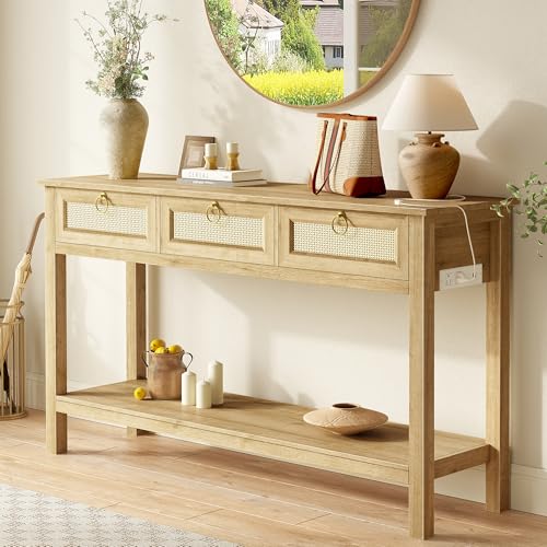 SUPERJARE SUPERJARE Rattan Console Sofa Table with Outlets and USB-C P — Build quality and design details up close