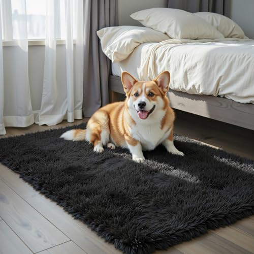 junhejiamei Small Shag Area Rug for Bedroom, 2x3 Black Soft Plush Carp — Design and materials in detail