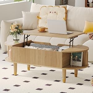 LenPiee Oval Wood Coffee Table,Fluted Lift Top Coffee Table with Sliding Door and Solid Wo