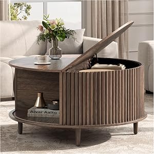 JOINICE,Round Coffee Table with Storage, 31.5" Fluted Center Table for Living Room, M