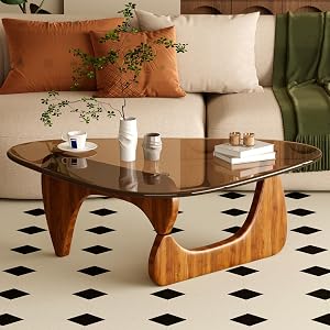 JCAJCA Coffee Table for Living Room Mid Century Modern Center Table with Glass Top and Woo