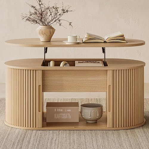 LINSY Lift Top Coffee Table, Oval Fluted Coffee Table with Storage, Bo — Build quality and design details up close