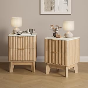 TROJM Fluted Nightstand Set of 2,Modern End Table with Faux Marble Top,2 Storage Drawers S