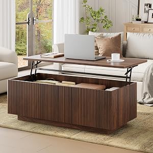 FABATO Mid Century Modern Coffee Table, Wooden Fluted Center Table with Large Hidden Compa