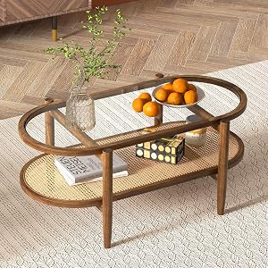 Giantex Rattan Coffee Table, 2-Tier Oval Acacia Wood Tea Table w/Tempered Glass Tabletop &