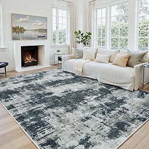 8x10 Area Rugs for Living Room Washable: Abstract Soft Thin Low Pile Black Rug, Indoor Flo