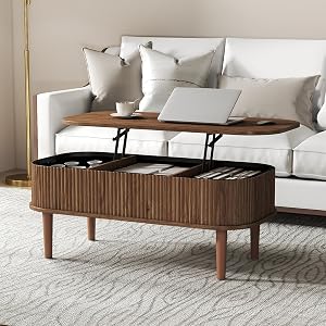 Fluted Lift Top Coffee Table with Hidden Storage, Oval Coffee Table with Lifting Top, Mid